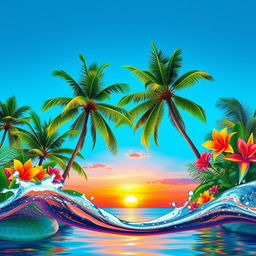 A vibrant tropical poster featuring lush green palm trees, colorful exotic flowers, and a bright blue sky