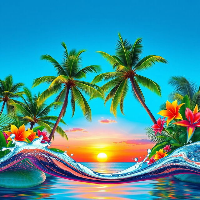 A vibrant tropical poster featuring lush green palm trees, colorful exotic flowers, and a bright blue sky