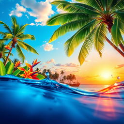 A vibrant tropical poster featuring lush green palm trees, colorful exotic flowers, and a bright blue sky
