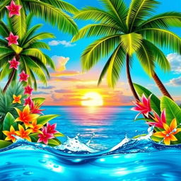 A vibrant tropical poster featuring lush green palm trees, colorful exotic flowers, and a bright blue sky