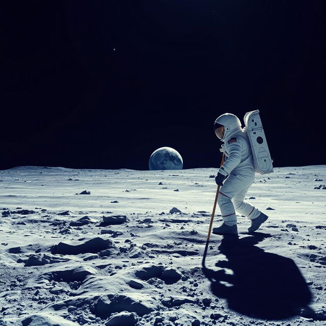 An artistic representation of the first photo taken on the Moon, showcasing an iconic blue color palette