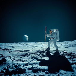 An artistic representation of the first photo taken on the Moon, showcasing an iconic blue color palette