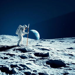An artistic representation of the first photo taken on the Moon, showcasing an iconic blue color palette