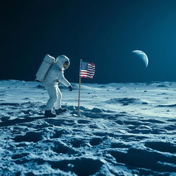 An artistic representation of the first photo taken on the Moon, showcasing an iconic blue color palette