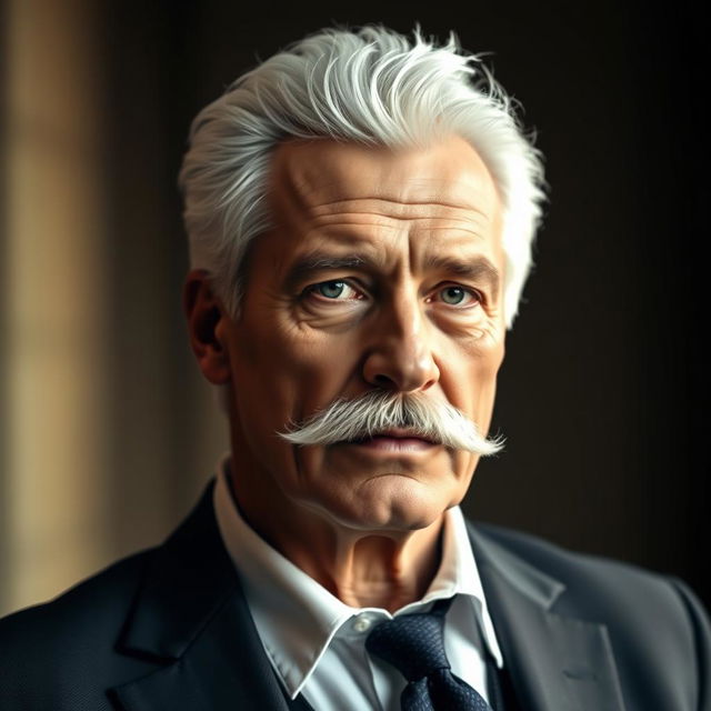 A portrait of a distinguished man with striking white hair and a well-groomed moustache, wearing a tailored suit