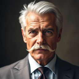 A portrait of a distinguished man with striking white hair and a well-groomed moustache, wearing a tailored suit