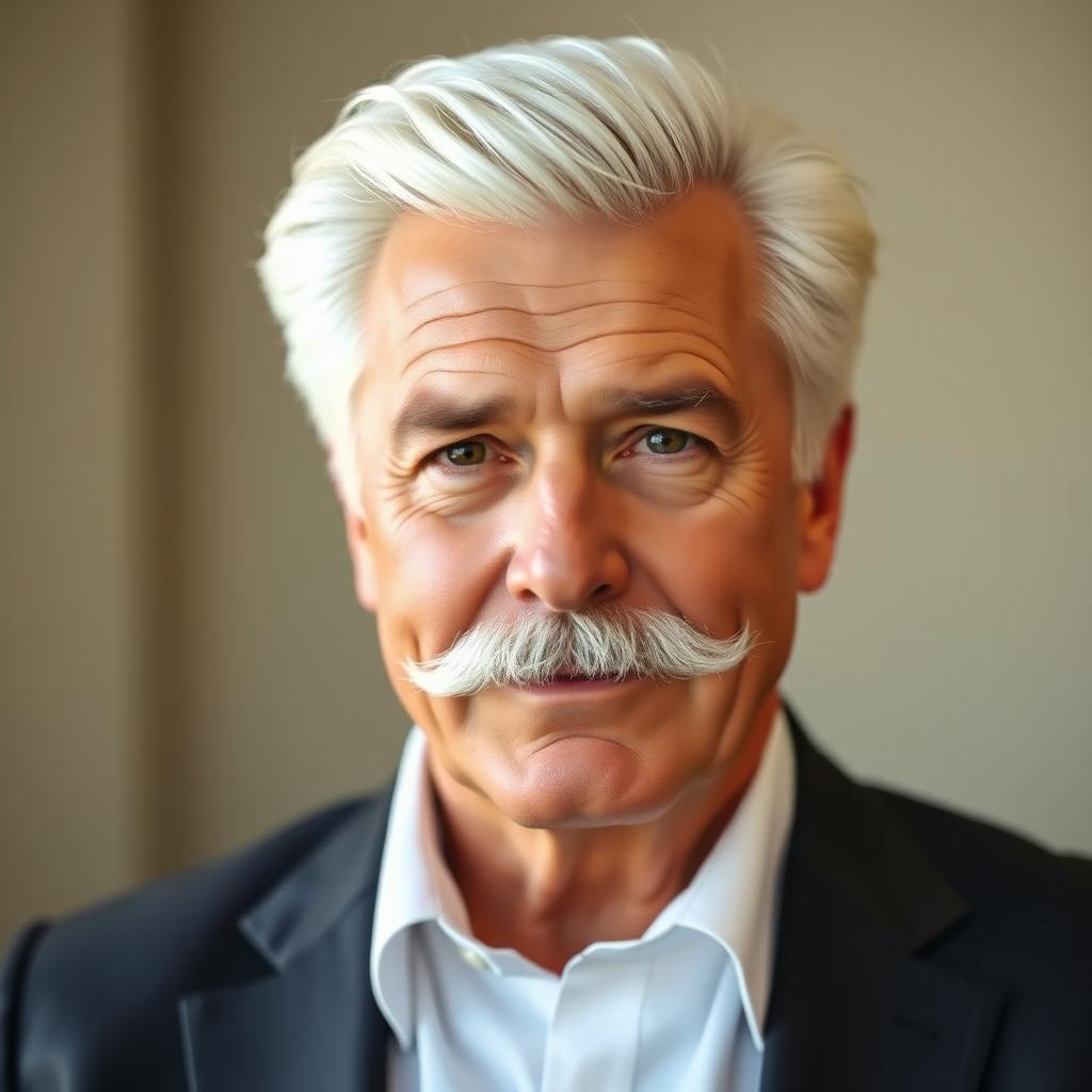 A portrait of a distinguished man with striking white hair and a well-groomed moustache, wearing a tailored suit