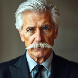 A portrait of a distinguished man with striking white hair and a well-groomed moustache, wearing a tailored suit