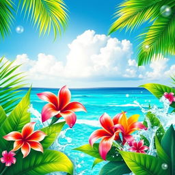 A vibrant and colorful tropical poster featuring lush green palm leaves, exotic flowers, and a bright blue ocean in the background