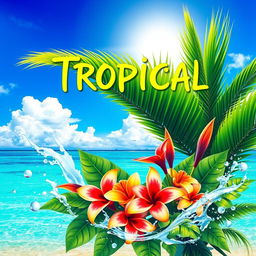 A vibrant and colorful tropical poster featuring lush green palm leaves, exotic flowers, and a bright blue ocean in the background
