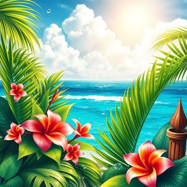 A vibrant and colorful tropical poster featuring lush green palm leaves, exotic flowers, and a bright blue ocean in the background