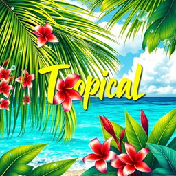 A vibrant and colorful tropical poster featuring lush green palm leaves, exotic flowers, and a bright blue ocean in the background