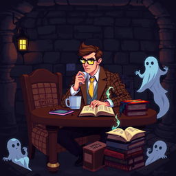 A pixel art depiction of a mysterious man seated at a table in a dark basement, sipping coffee