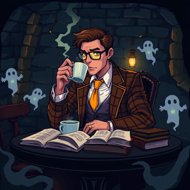 A pixel art depiction of a mysterious man seated at a table in a dark basement, sipping coffee