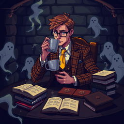 A pixel art depiction of a mysterious man seated at a table in a dark basement, sipping coffee