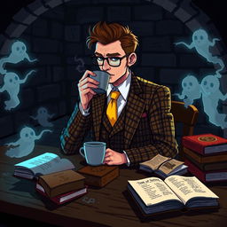 A pixel art depiction of a mysterious man seated at a table in a dark basement, sipping coffee