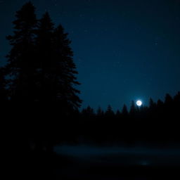 A dark aesthetic photograph featuring a serene landscape at night