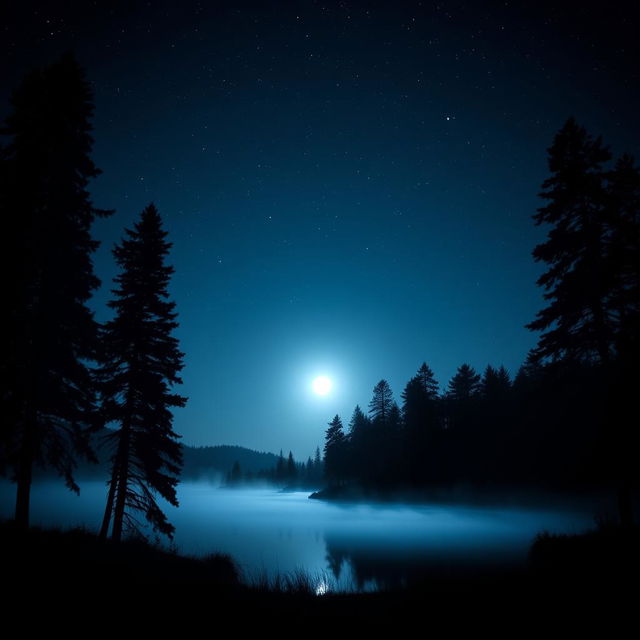 A dark aesthetic photograph featuring a serene landscape at night