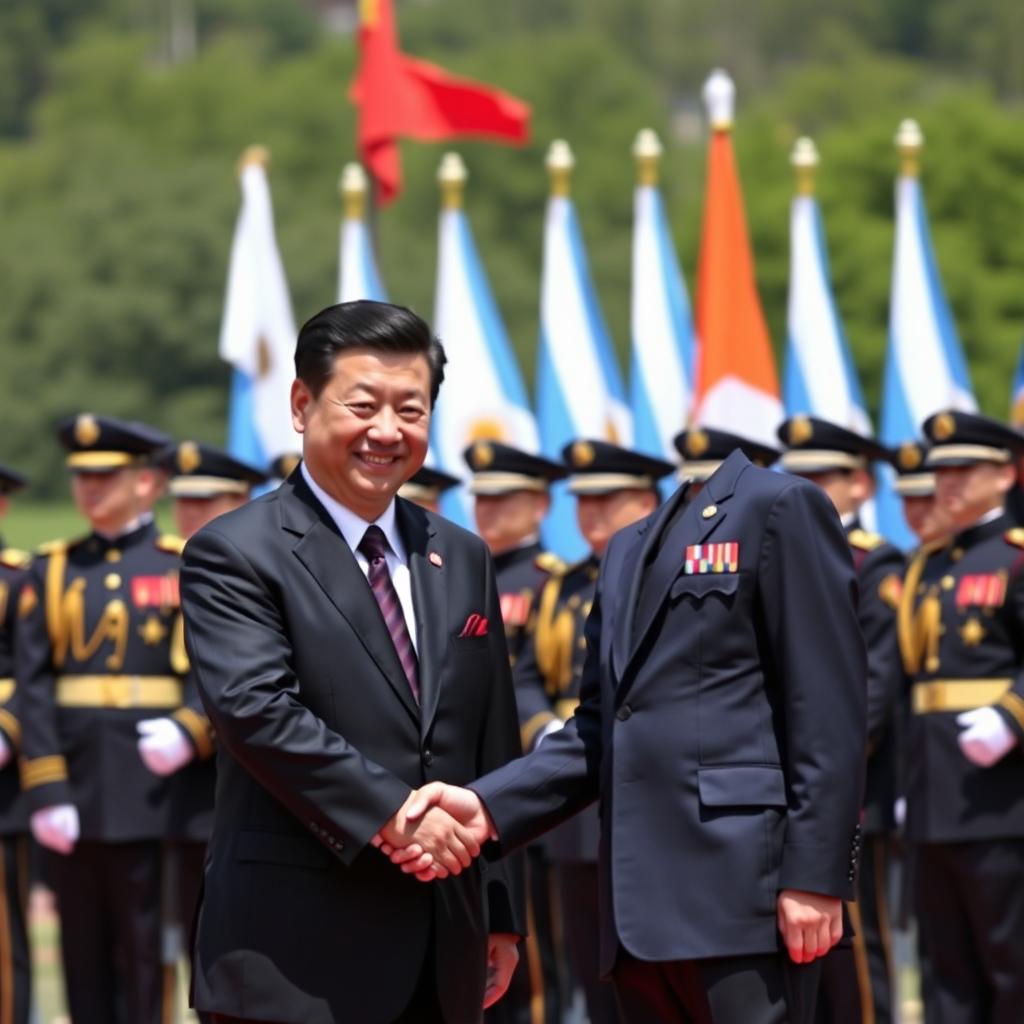 A political scene depicting the President of China and the President of Argentina shaking hands in a formal setting, with soldiers from both countries lined up behind them in full military regalia
