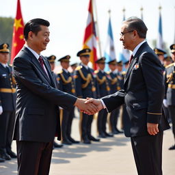 A political scene depicting the President of China and the President of Argentina shaking hands in a formal setting, with soldiers from both countries lined up behind them in full military regalia
