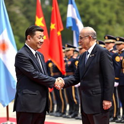 A political scene depicting the President of China and the President of Argentina shaking hands in a formal setting, with soldiers from both countries lined up behind them in full military regalia