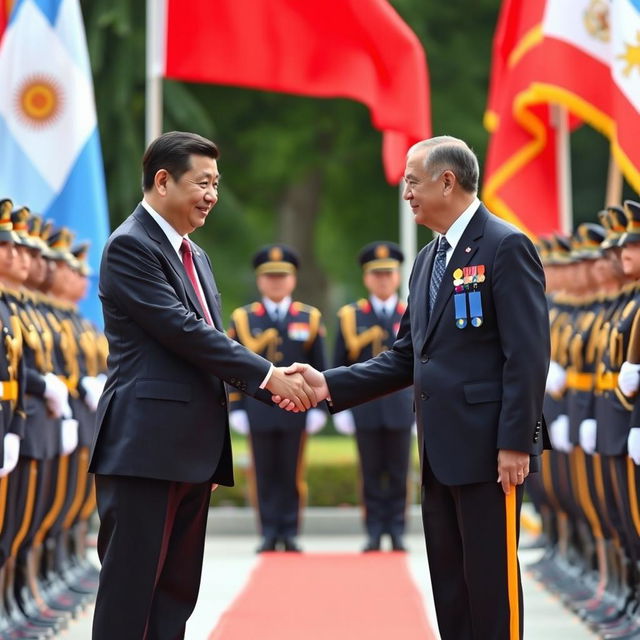 A political scene depicting the President of China and the President of Argentina shaking hands in a formal setting, with soldiers from both countries lined up behind them in full military regalia