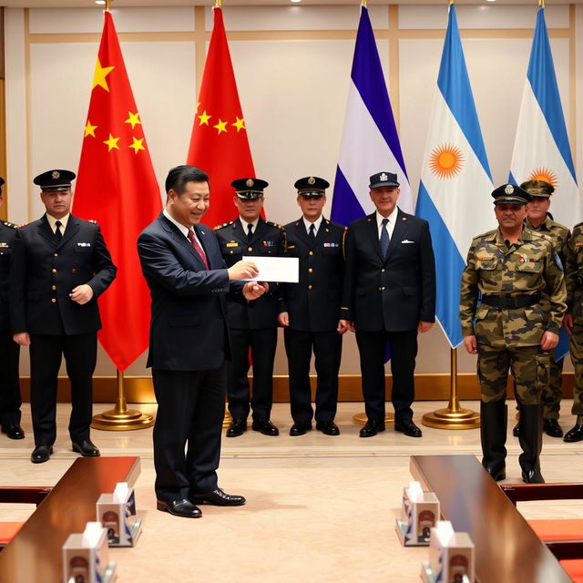 A significant diplomatic moment captured in a formal setting where the President of China is handing over an envelope of money to the President of Argentina