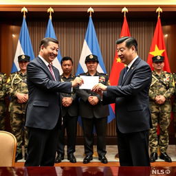 A significant diplomatic moment captured in a formal setting where the President of China is handing over an envelope of money to the President of Argentina