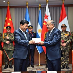 A significant diplomatic moment captured in a formal setting where the President of China is handing over an envelope of money to the President of Argentina