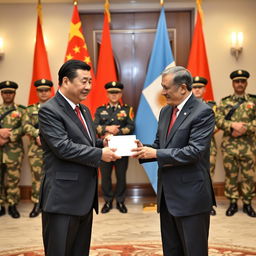 A significant diplomatic moment captured in a formal setting where the President of China is handing over an envelope of money to the President of Argentina