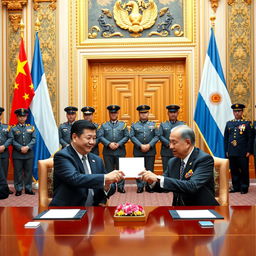 A high-profile diplomatic meeting between the President of China and the President of Argentina, showcasing both leaders seated at a grand table, exchanging an envelope symbolizing financial transaction