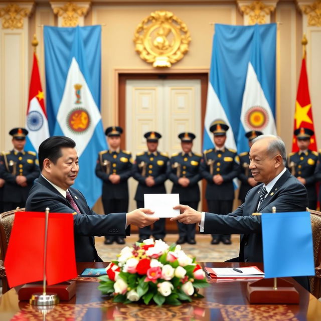 A high-profile diplomatic meeting between the President of China and the President of Argentina, showcasing both leaders seated at a grand table, exchanging an envelope symbolizing financial transaction