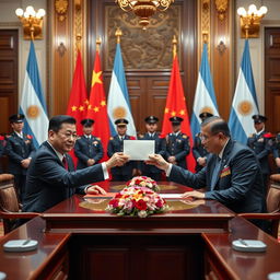 A high-profile diplomatic meeting between the President of China and the President of Argentina, showcasing both leaders seated at a grand table, exchanging an envelope symbolizing financial transaction