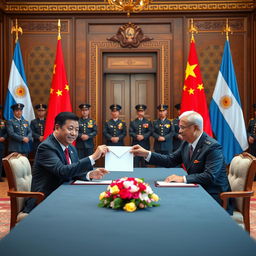 A high-profile diplomatic meeting between the President of China and the President of Argentina, showcasing both leaders seated at a grand table, exchanging an envelope symbolizing financial transaction