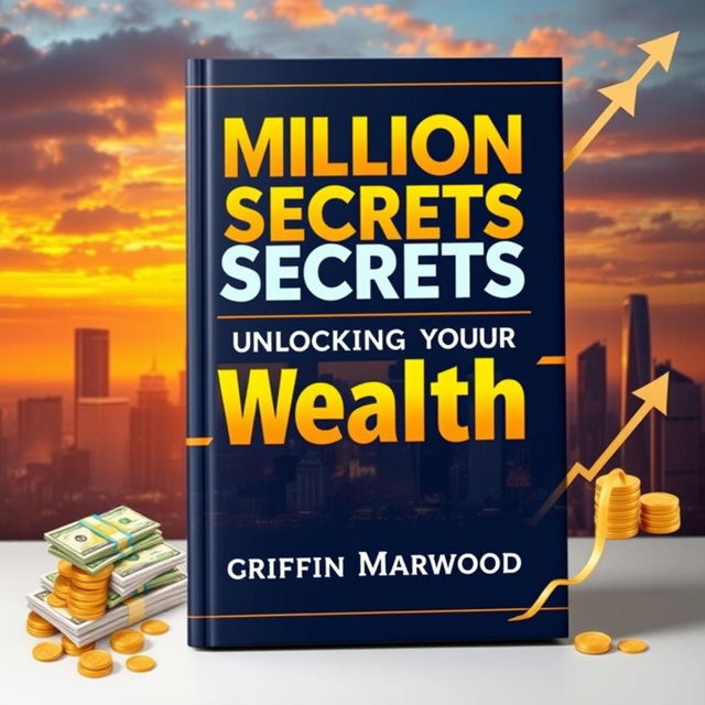 A flat book cover design featuring a bold, eye-catching title "Million Dollar Secrets to Unlocking Your Wealth" in a large, striking font that stands out prominently against a luxurious city skyline background at sunset