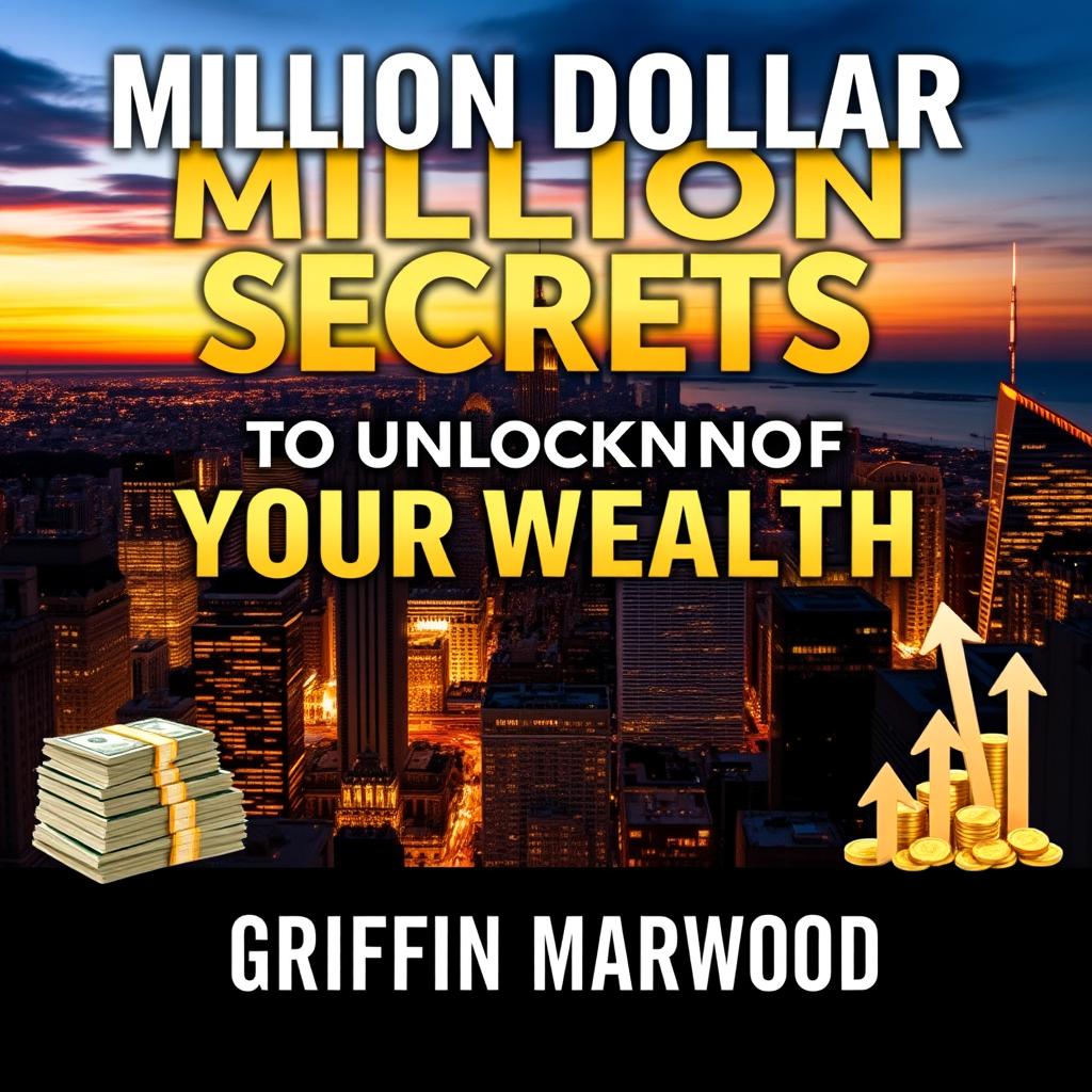 A flat book cover design featuring a bold, eye-catching title "Million Dollar Secrets to Unlocking Your Wealth" in a large, striking font that stands out prominently against a luxurious city skyline background at sunset