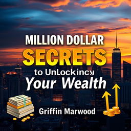 A flat book cover design featuring a bold, eye-catching title "Million Dollar Secrets to Unlocking Your Wealth" in a large, striking font that stands out prominently against a luxurious city skyline background at sunset