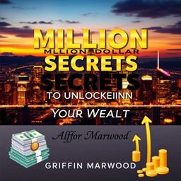 A flat book cover design featuring a bold, eye-catching title "Million Dollar Secrets to Unlocking Your Wealth" in a large, striking font that stands out prominently against a luxurious city skyline background at sunset