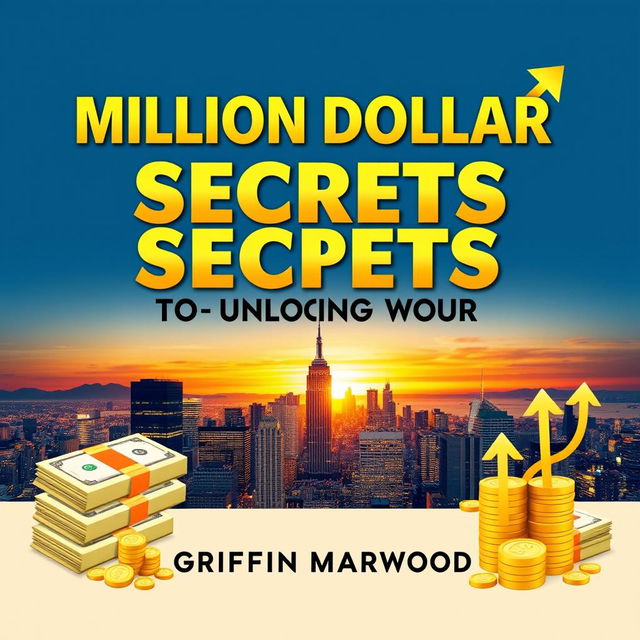 A flat book cover design featuring the title 'Million Dollar Secrets to Unlocking Your Wealth' in a bold, eye-catching font of large size at the top