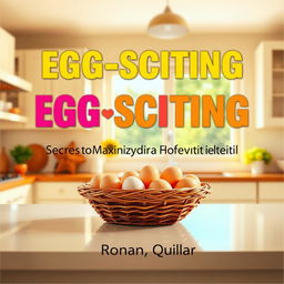 A realistic image of a sunny, vibrant kitchen featuring a basket of fresh eggs on a counter