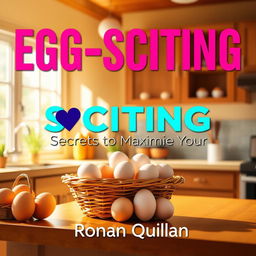 A realistic image of a sunny, vibrant kitchen featuring a basket of fresh eggs on a counter