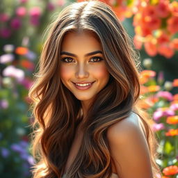 A captivating portrait of a young woman with long, flowing hair cascading down her shoulders