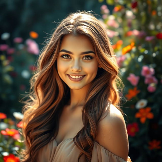 A captivating portrait of a young woman with long, flowing hair cascading down her shoulders