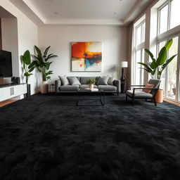 A luxurious living room featuring a soft, plush black carpet covering the entire floor, creating an elegant and cozy atmosphere