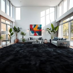 A luxurious living room featuring a soft, plush black carpet covering the entire floor, creating an elegant and cozy atmosphere