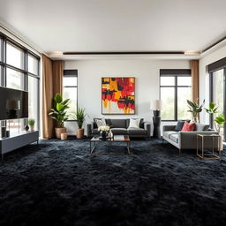 A luxurious living room featuring a soft, plush black carpet covering the entire floor, creating an elegant and cozy atmosphere