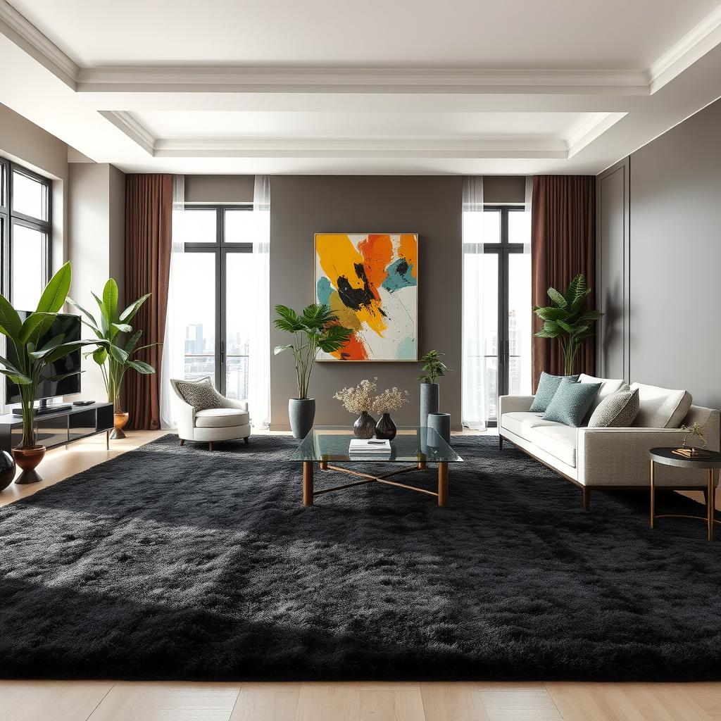 A luxurious living room featuring a soft, plush black carpet covering the entire floor, creating an elegant and cozy atmosphere