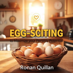 A realistic and vibrant kitchen scene filled with warmth and sunlight, showcasing a rustic basket brimming with fresh eggs