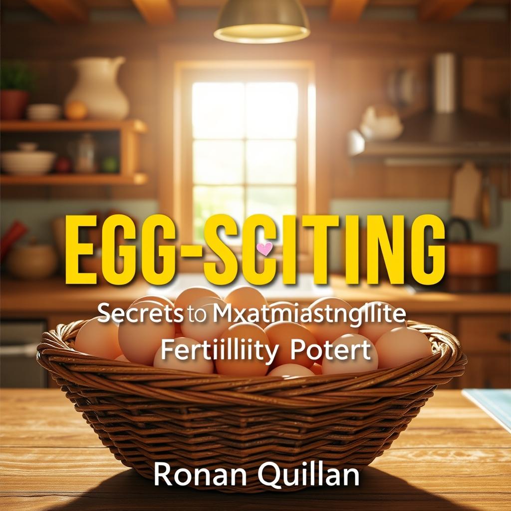 A realistic and vibrant kitchen scene filled with warmth and sunlight, showcasing a rustic basket brimming with fresh eggs