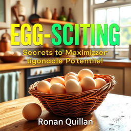 A realistic and vibrant kitchen scene filled with warmth and sunlight, showcasing a rustic basket brimming with fresh eggs